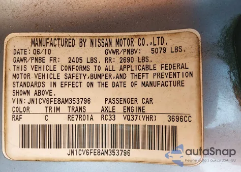 2010 Infiniti G37 z USA, uszkodzony, nr VIN JN1CV6FE8AM353796